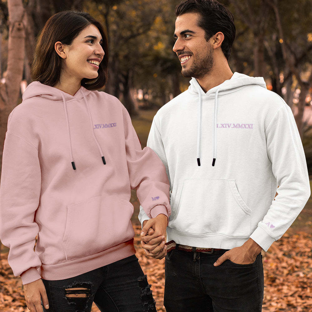 Custom Engraved Hooded Embroidery Round Neck Roman Numeral Date Couple Gifts - 