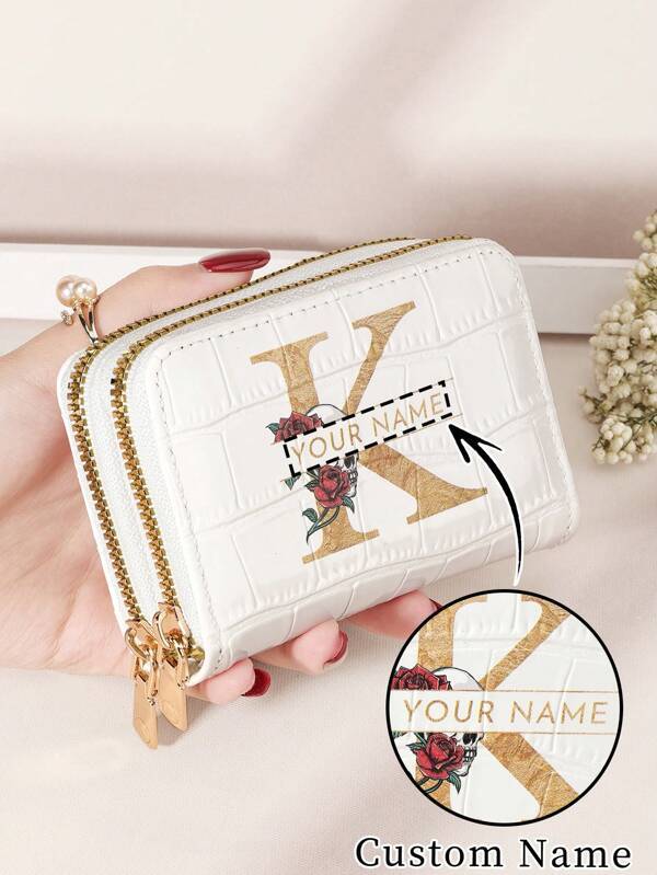 Customized Exclusive Signature Exquisite Wallet, Personalized Signature Design Wallet, Customized Exclusive Crocodile Pattern Letter Flower Fashionable Multi Slot Large Capacity Double Zipper Card Bag