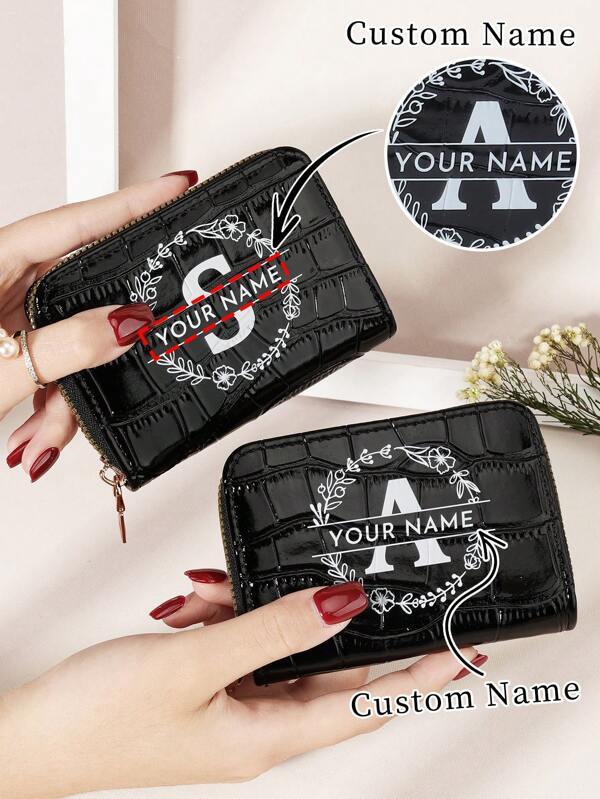Customized Name/Signature Design Alligator Texture Letter & Floral Fashion Multi-Card Slot Card Holder Wallet, Valentine's Day, Mother's Day, Birthday Gift Purses And Bags Women