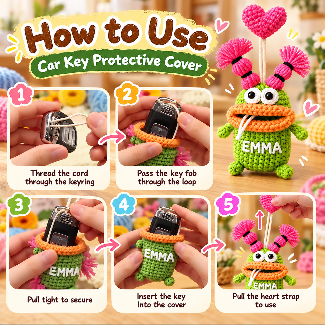 Custom Name Crochet Sausage Mouth Key Holder - Funny Hand-Woven Car Key Protective Case - 