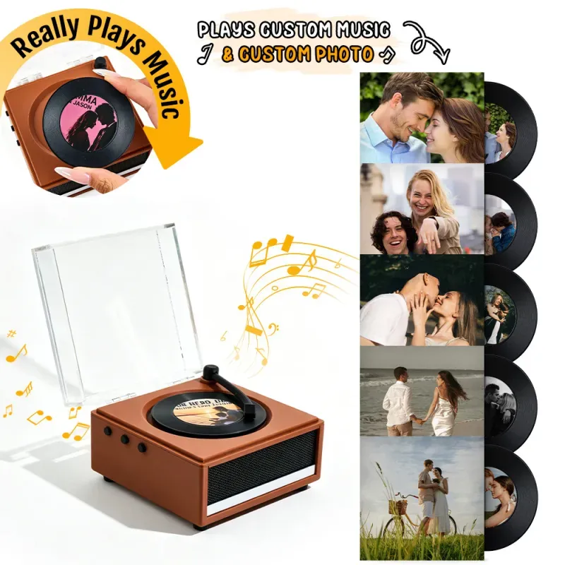 Personalized Mini Vinyl Music Player That Really Plays Music | Each Vinyl Can Play a Different Full Song, Custom Photo Album Cover & Music Box Cover, Anniversary Gift for Couples - 