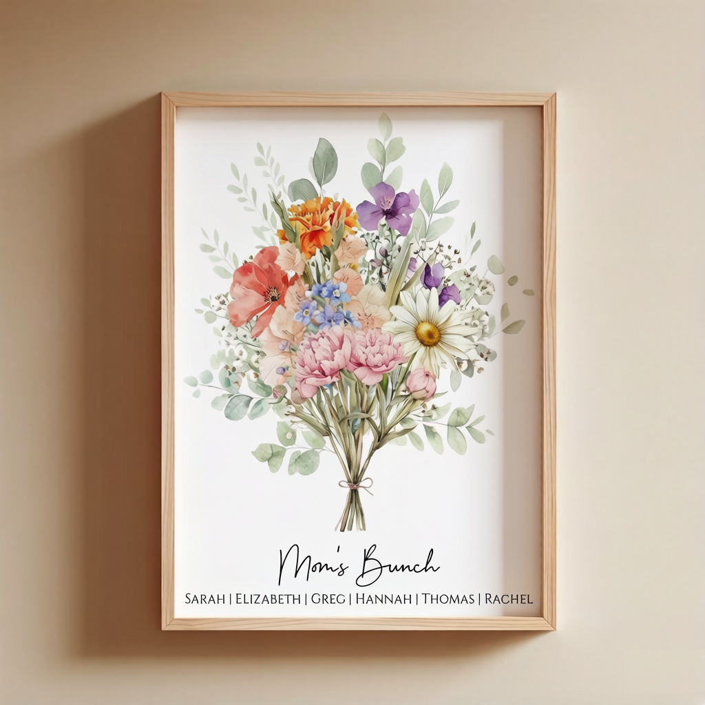 Family Birth Flower Bouquet | Gift for Mom Personalized Watercolor Birth Month Flower Print Mother's Day Gift