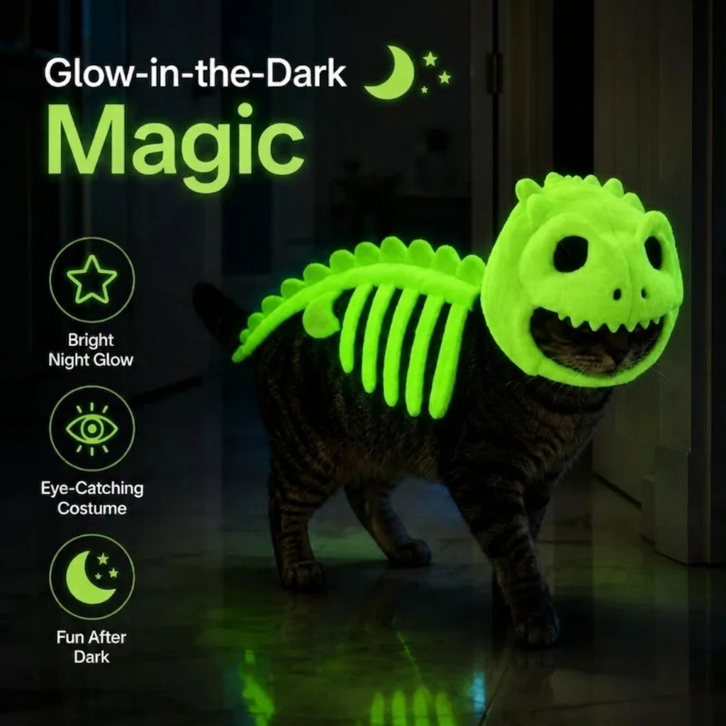 Glow-in-the-Dark Dinosaur Skeleton Cat Costume – Soft Plush Pet Skull Hooded Apparel