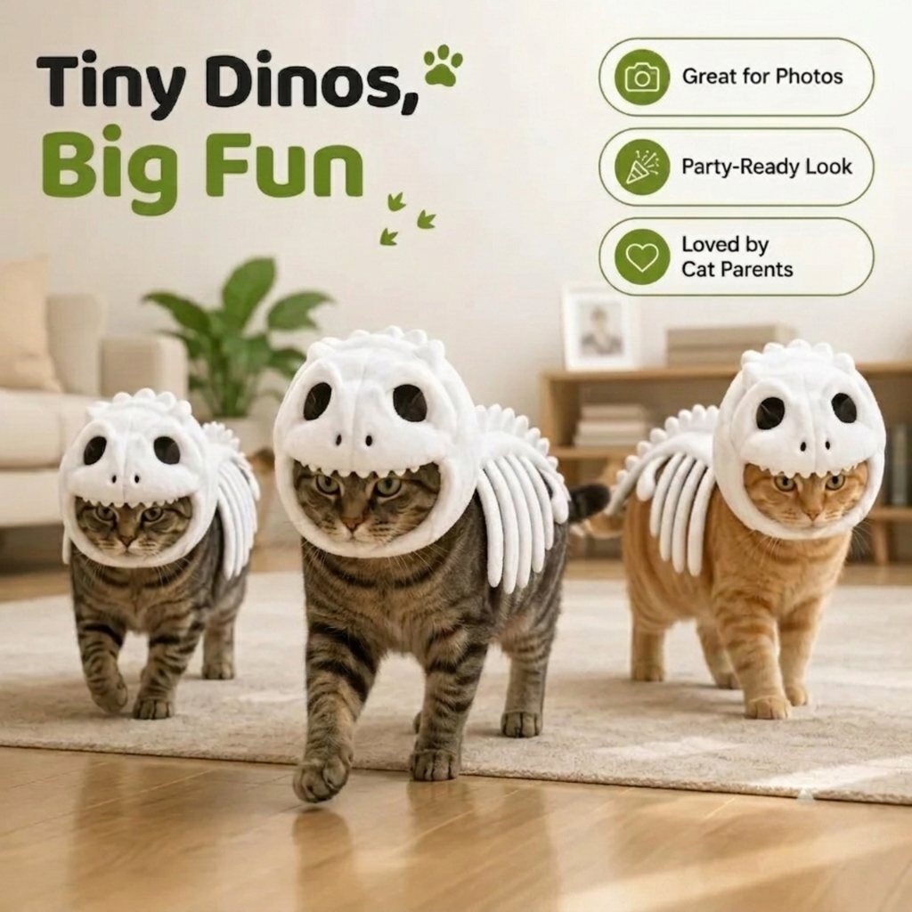 Glow-in-the-Dark Dinosaur Skeleton Cat Costume – Soft Plush Pet Skull Hooded Apparel