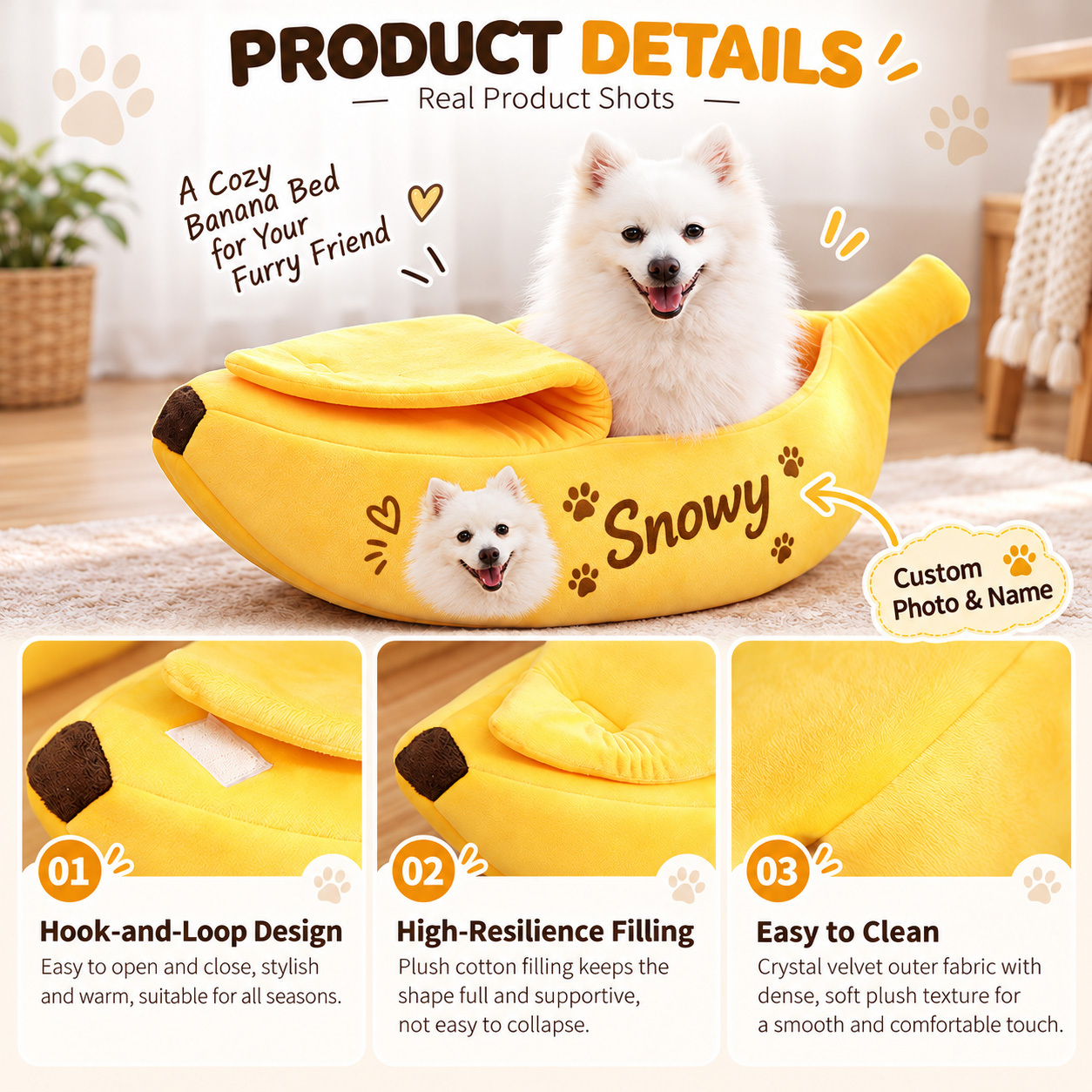 Custom Pet Photo & Name Banana Cat Bed, Personalized Cozy Soft Plush Covered Cave Bed for Cats & Dogs - 