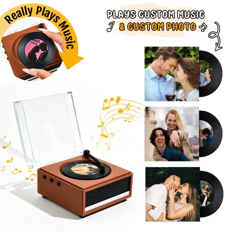 Personalized Mini Vinyl Music Player That Really Plays Music | Each Vinyl Can Play a Different Full Song, Custom Photo Album Cover & Music Box Cover, Anniversary Gift for Couples - 