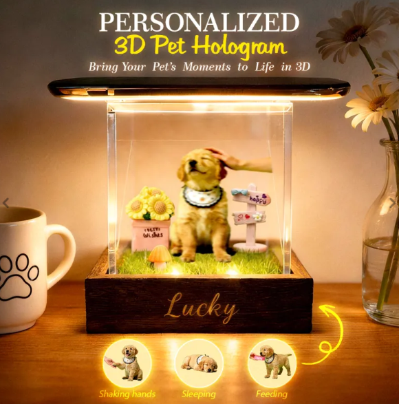 Holographic-style Illusion Lumina Boxes Custom Pet Digital Hologram House with Wooden Base Custom Merry Video With Text