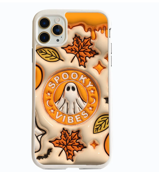 Spooky Vibes Ghost Phone Case with Autumn Leaves and Spooky Sign Design, iPhone, Pixel, Samsung