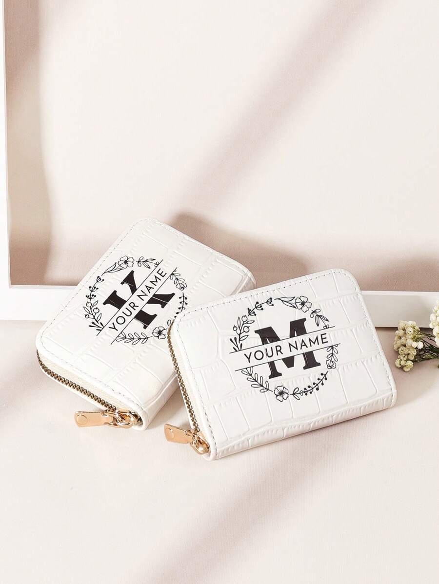 Customized Name/Signature Design Alligator Texture Letter & Floral Fashion Multi-Card Slot Card Holder Wallet, Valentine's Day, Mother's Day, Birthday Gift Purses And Bags Women