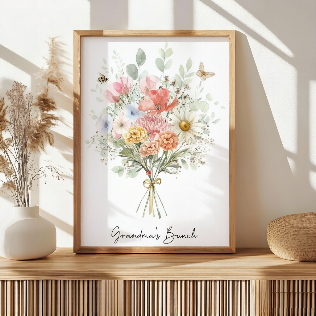 Family Birth Flower Bouquet | Gift for Mom Personalized Watercolor Birth Month Flower Print Mother's Day Gift