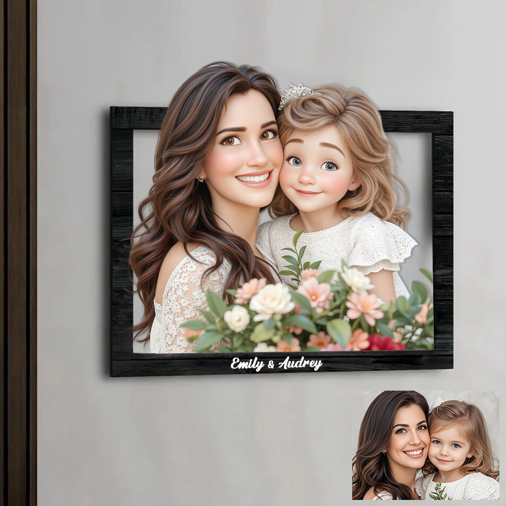Mother's Day Gifts Personalized Cartoon Style 3D Photo Wooden Frame Sign, Custom Family Photo 3D Cartoon Portrait Gift Comic Photo Frame, Wedding Anniversary Christmas Couple Gift