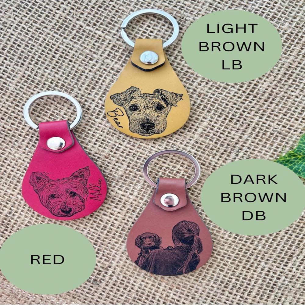 Engraved Pet Portrait Keyring: Custom Faux Leather Dog Dad Dog Mum Gift - 