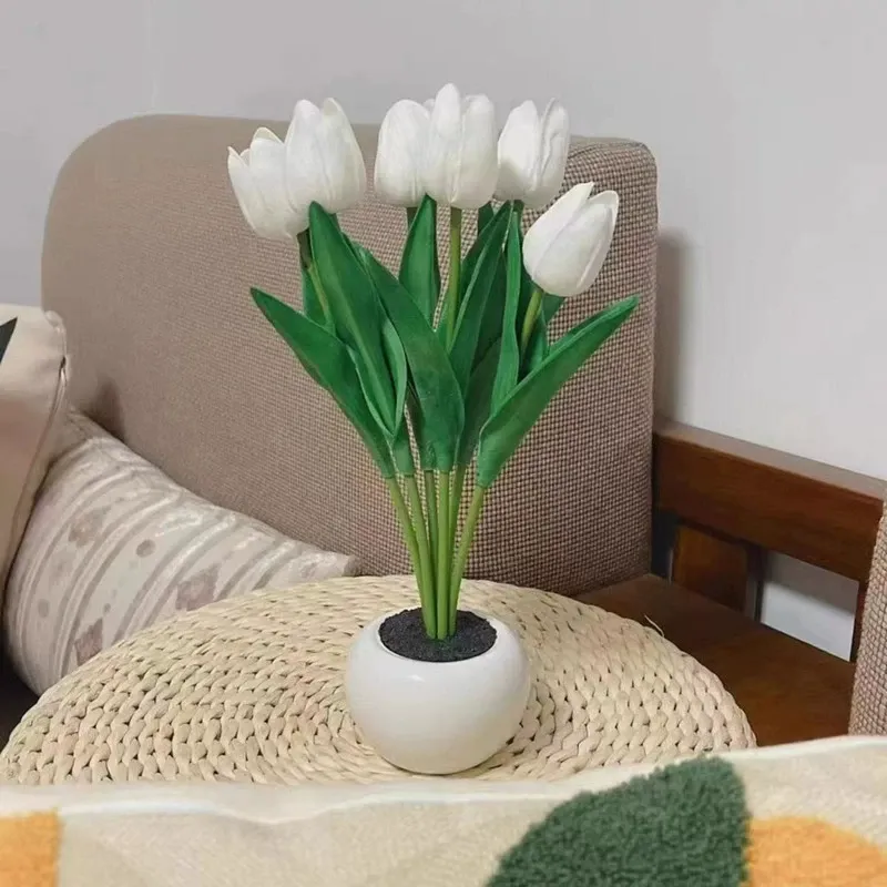 Contemporary Creative Tulip Flower Ceramic PU USB LED Table Lamp For Bedroom