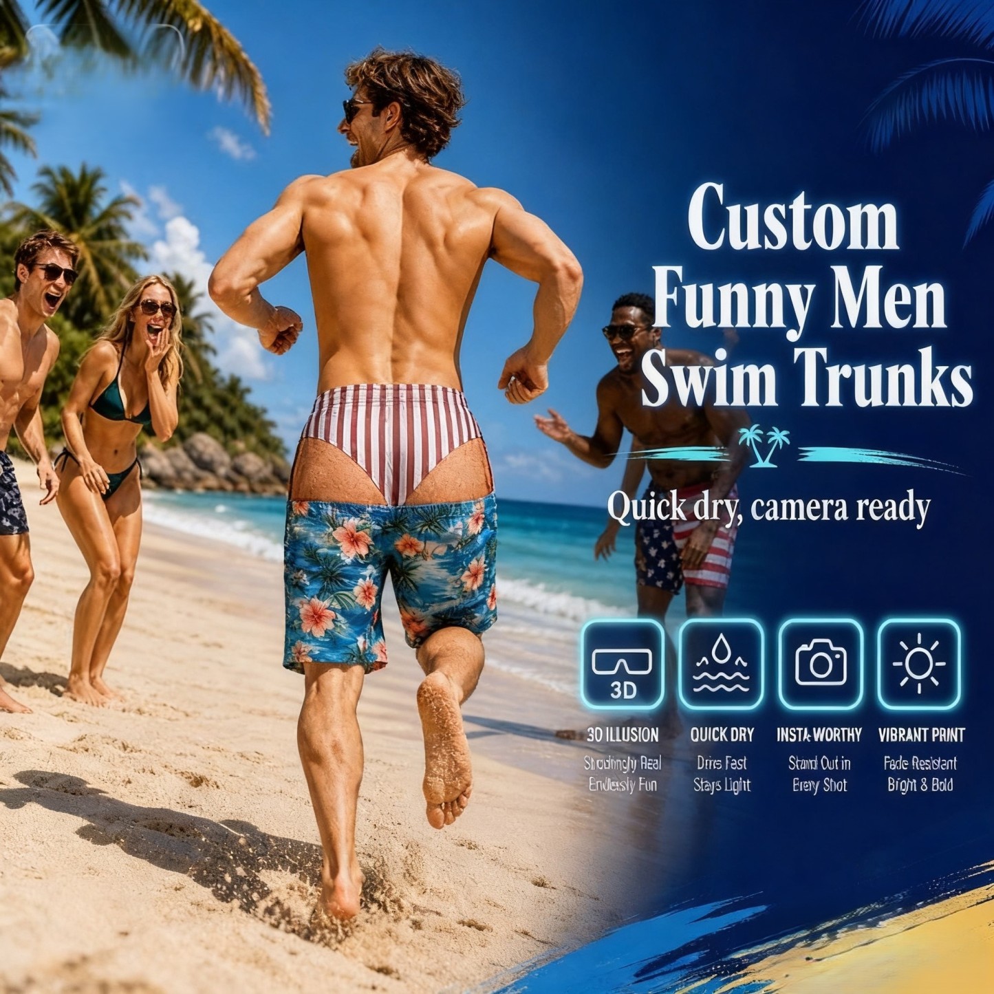 Funny Men's Optical Illusion Swim Trunks – Novelty Beach Board Shorts for Summer Parties