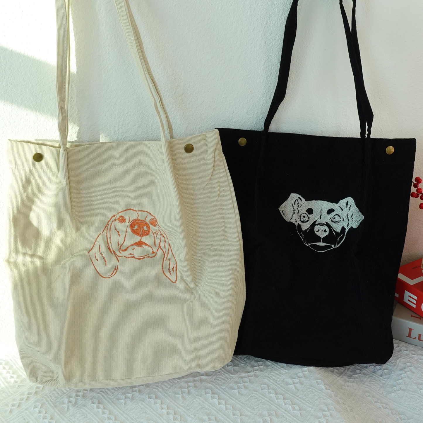 Personalized Pet Photo Tote Bag, Custom Embroidered Corduroy Shoulder Bag, Dog & Cat Portrait Purse, Gift for Her, Him, or Pet Lovers