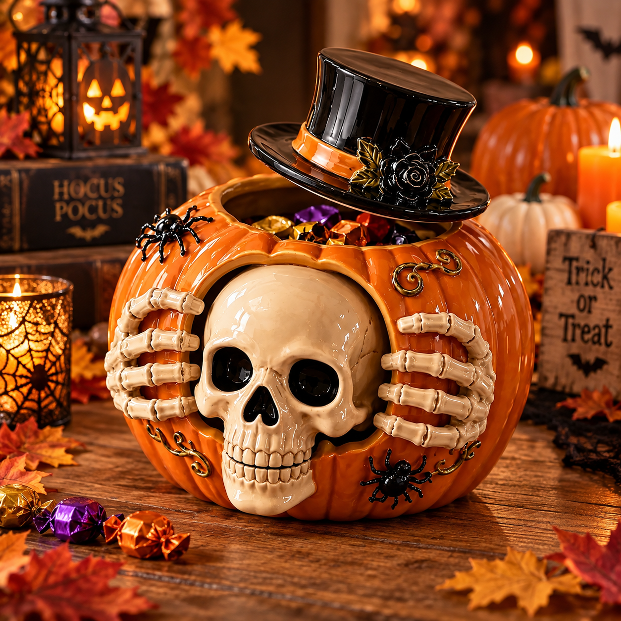 Halloween Skull Pumpkin Candy Bowl, Spooky Resin Skeleton Tabletop Decoration, Gothic Trick-or-Treat Candy Holder for Home Party Decor
