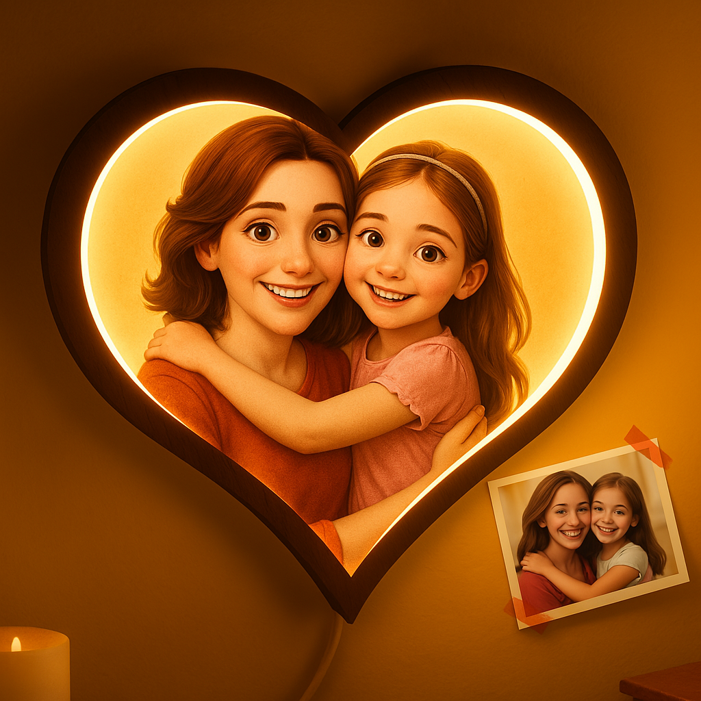 Gifts for Mom Personalized Heart Photo Cartoon Portrait Frame LED Lamp