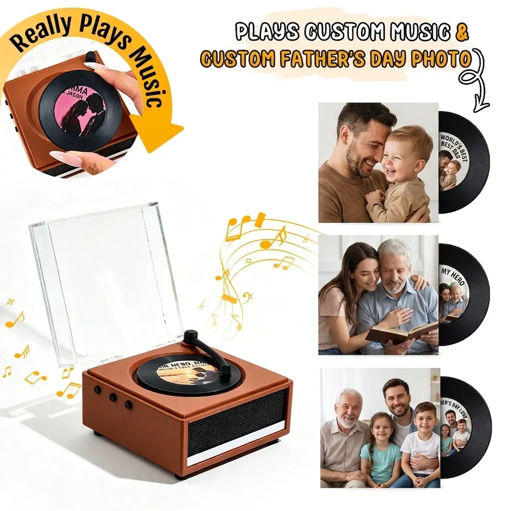 Personalized Mini Vinyl Music Player That Really Plays Music | Each Vinyl Can Play a Different Full Song, Custom Photo Album Cover & Music Box Cover, Father's Day Gift for Daddy - 