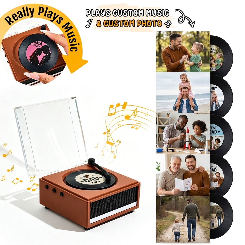 Personalized Mini Vinyl Music Player That Really Plays Music | Each Vinyl Can Play a Different Full Song, Custom Photo Album Cover & Music Box Cover, Father's Day Gift for Daddy - 