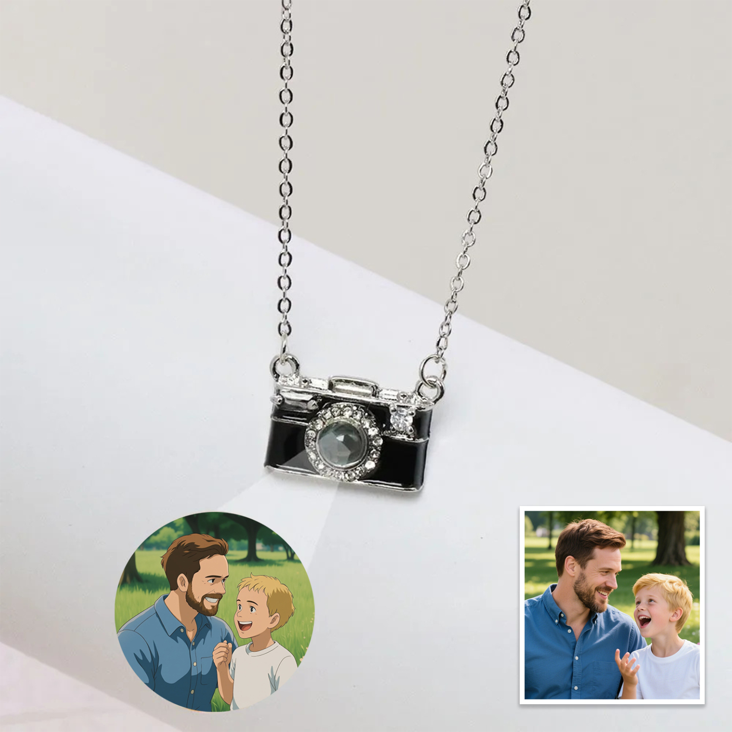Personalized Photo Necklace Cartoon Style Projection Gem Camera Necklace Anniversary Gifts for Her - 