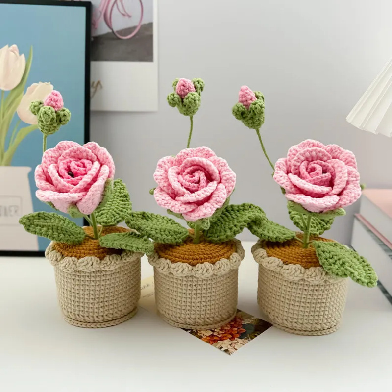 Handmade Crocheted Rose Potted Plant, Yarn Flower Gift for Home Decor - 