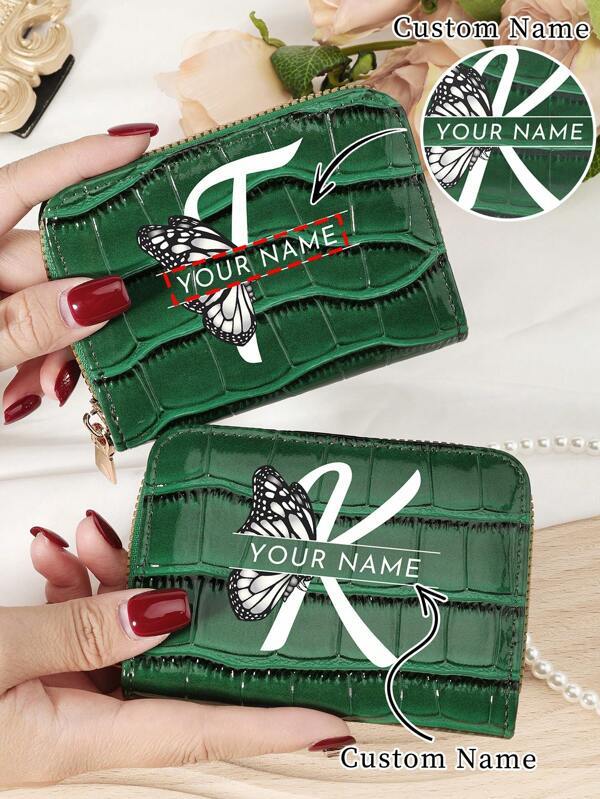 Customized Name/Signature Crocodile Texture Letter Floral Pattern Multi Slot Card Holder Zipper Wallet, Valentine's Day, Mother's Day, Birthday Gift Valentines Purses And Bags Women