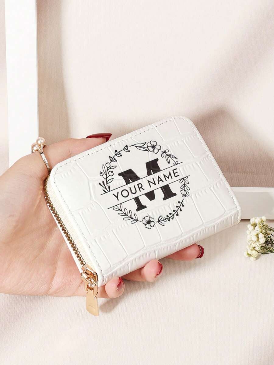 Customized Name/Signature Design Alligator Texture Letter & Floral Fashion Multi-Card Slot Card Holder Wallet, Valentine's Day, Mother's Day, Birthday Gift Purses And Bags Women