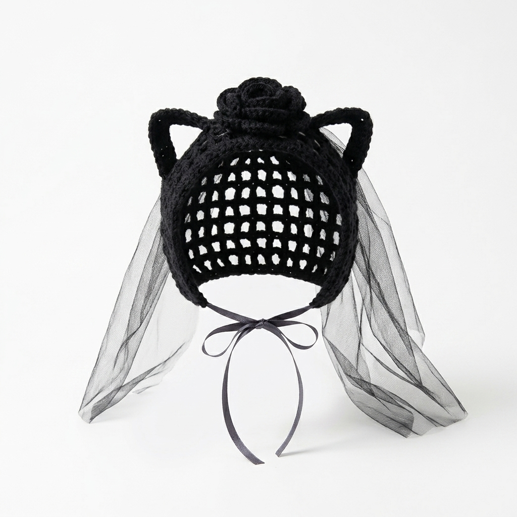 Handmade Gothic Crochet Cat Bonnet Collection - Dark Aesthetic Pet Costumes with Ram Horns, Death's-Head Moth & Black Rose Veil for Cats & Small Dogs