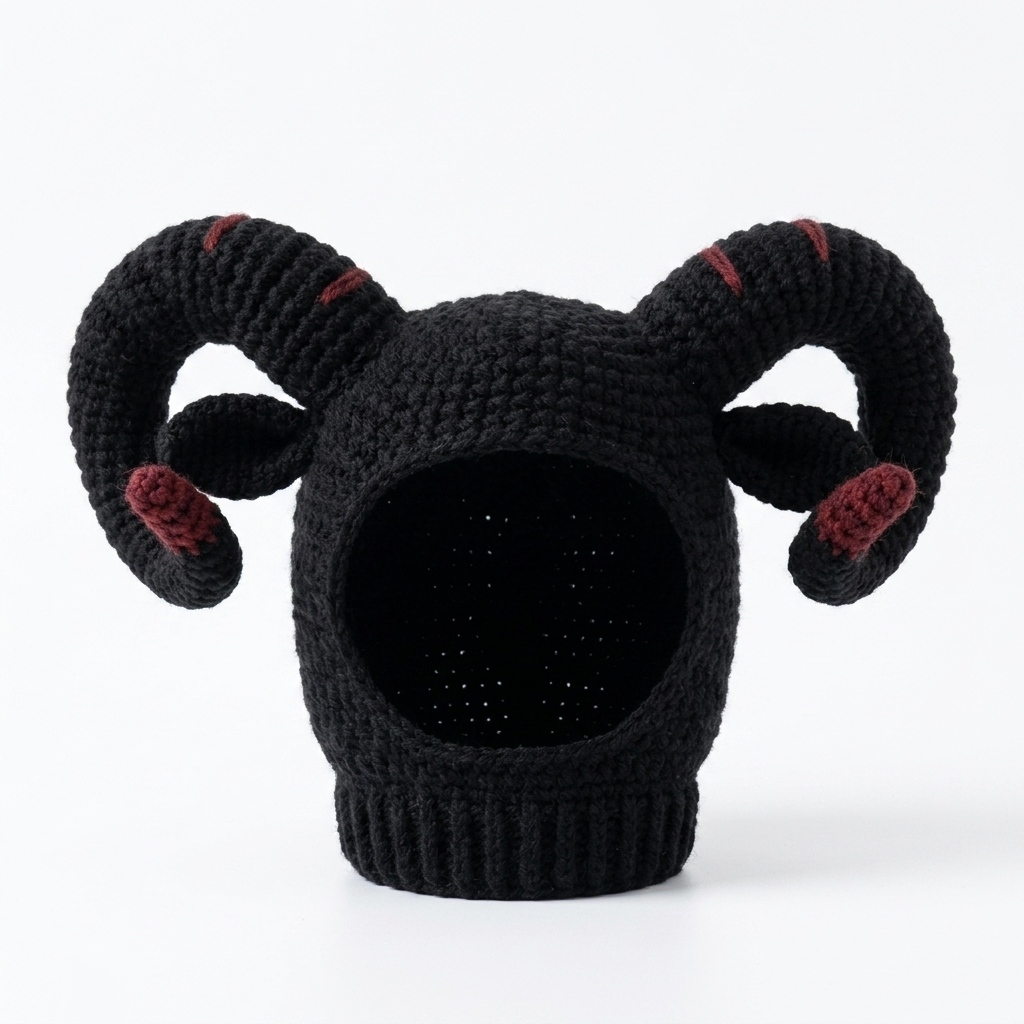 Handmade Gothic Crochet Cat Bonnet Collection - Dark Aesthetic Pet Costumes with Ram Horns, Death's-Head Moth & Black Rose Veil for Cats & Small Dogs