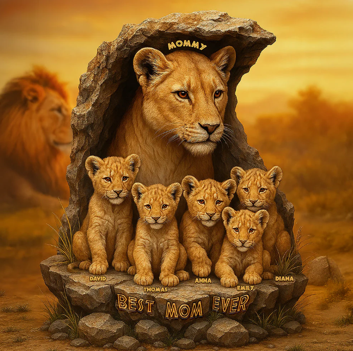 Personalized Gift For Mom Plaque, Lion Mom & Little Cubs