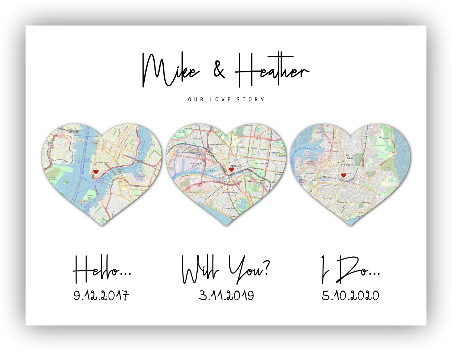 Hello, Will You, I Do 3 Heart Map Print, First Anniversary Gift, Wedding Anniversary Gift For Couple, Cotton Anniversary, Met Engaged Married