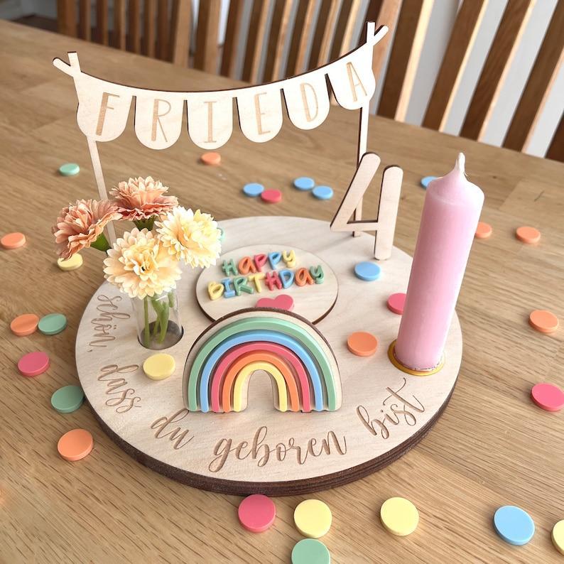 Personalized birthday plate colorful with vase and candle, candle plate, birthday board, birthday table, birthday wreath