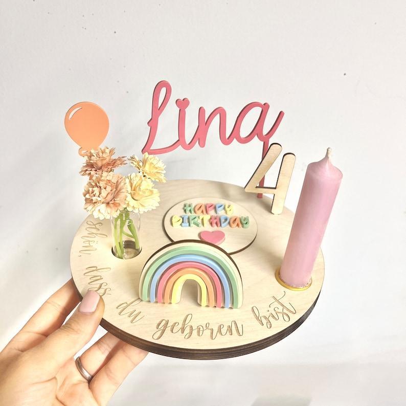 Personalized birthday plate colorful with vase and candle, candle plate, birthday board, birthday table, birthday wreath