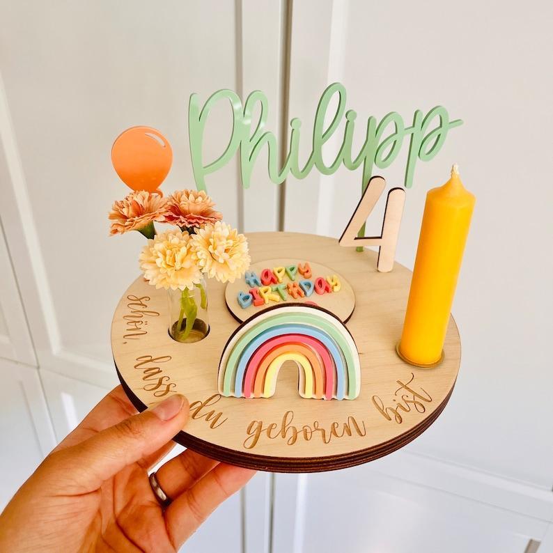 Personalized birthday plate colorful with vase and candle, candle plate, birthday board, birthday table, birthday wreath