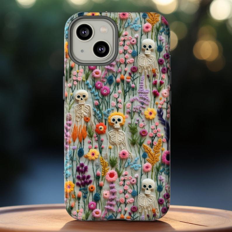 Spooks Come Out At Night Skeleton Phone Case, Embroidered Look Floral Charm Phone Cover, Gothic Cottagecore, iPhone