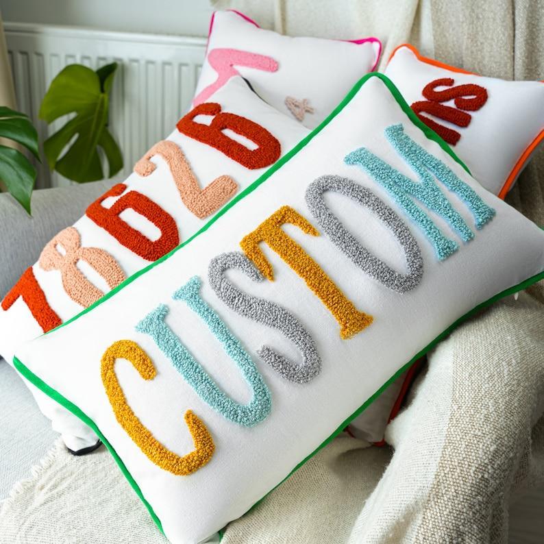 Home Decor Punch Needle Embroidered Custom Pillow, Personalized Gift, Graduation Gift, Dorm Room Decor, Kids Room Decor, Monogram Pillow