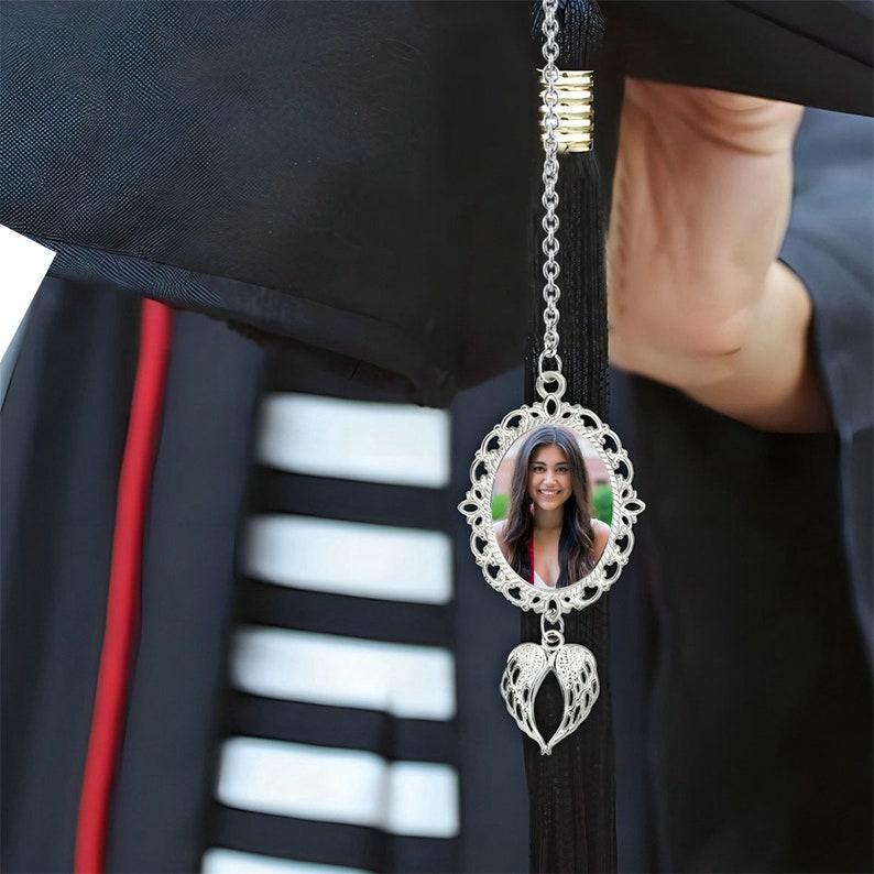 Custom Graduation Tassel Photo&Text Charm with Angel Wing,Memorial Gra