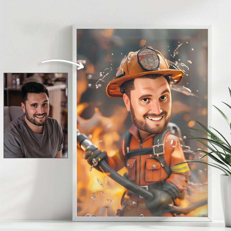 Custom Firefighter Caricature Portrait - From Your Photo, Unique Gift for Firefighters, 3D Cartoon Style, Digital Download