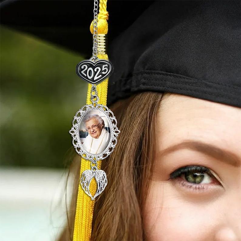 Custom Graduation Tassel Photo&Text Charm with Angel Wing,Memorial Gra