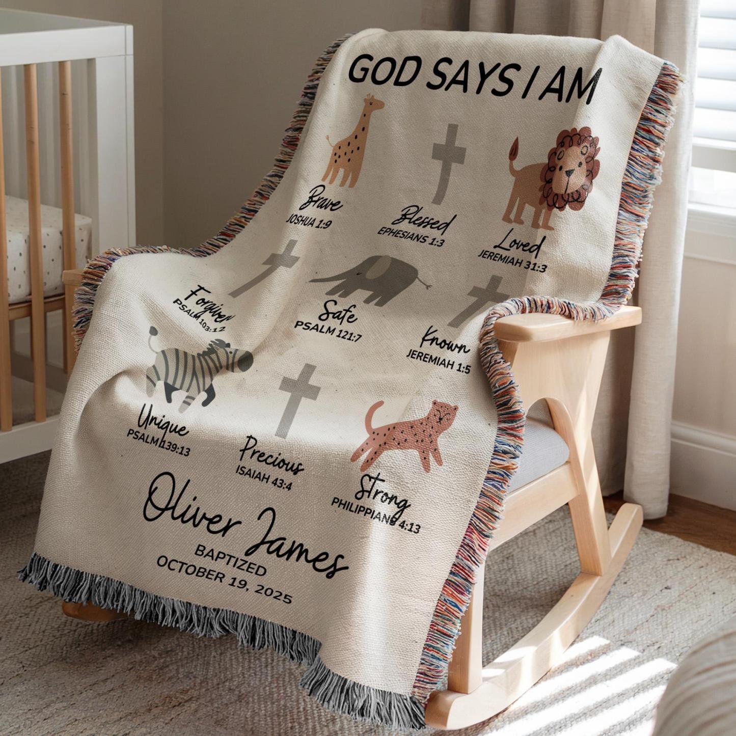 God Says I Am Baptism Blanket Safari Animals, Custom Christening Blanket with Cross, Personalized Baby Name & Date Blanket, Baby Shower Gift