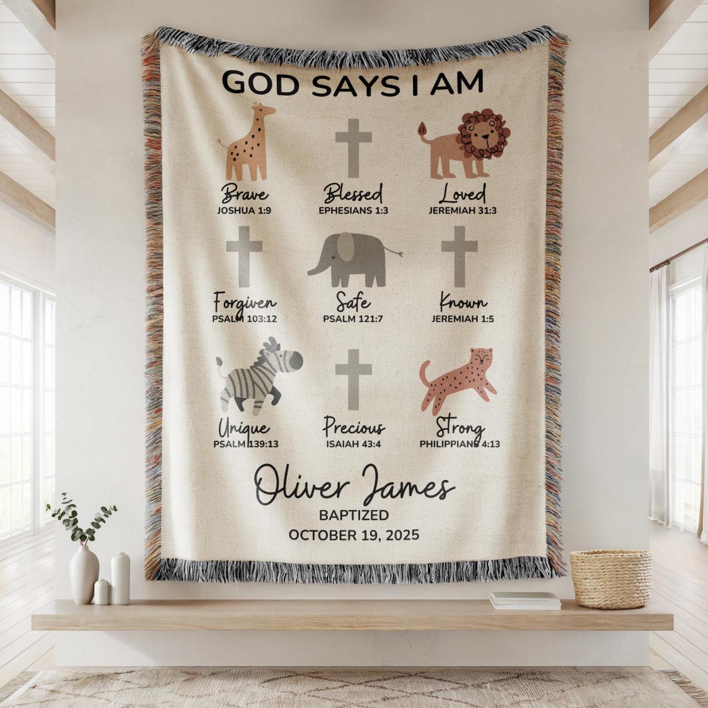 God Says I Am Baptism Blanket Safari Animals, Custom Christening Blanket with Cross, Personalized Baby Name & Date Blanket, Baby Shower Gift