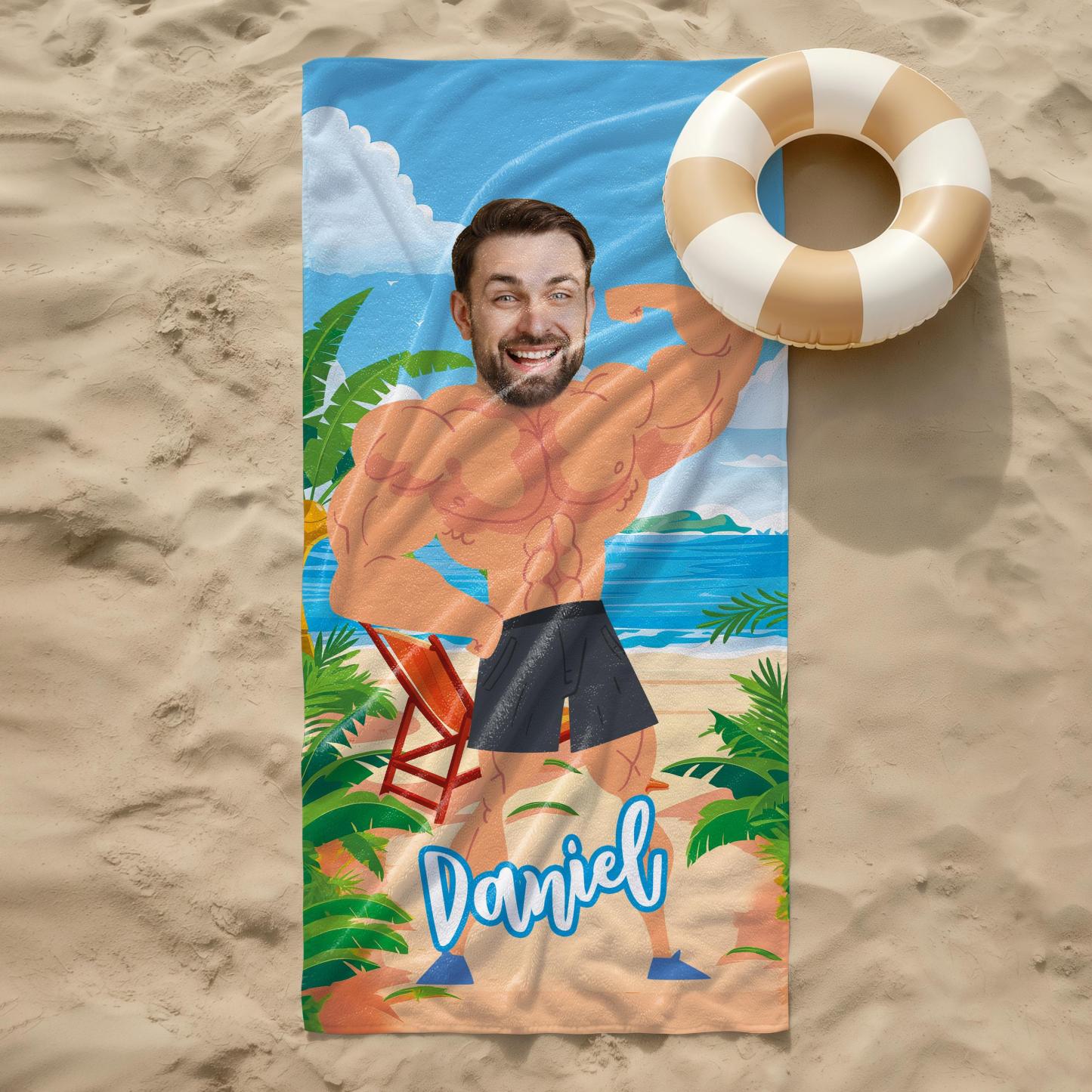 Personalized Beach Towel with Custom Face & Muscular Body Design – Summer Gift for Birthday, Bachelorette Party or Vacation