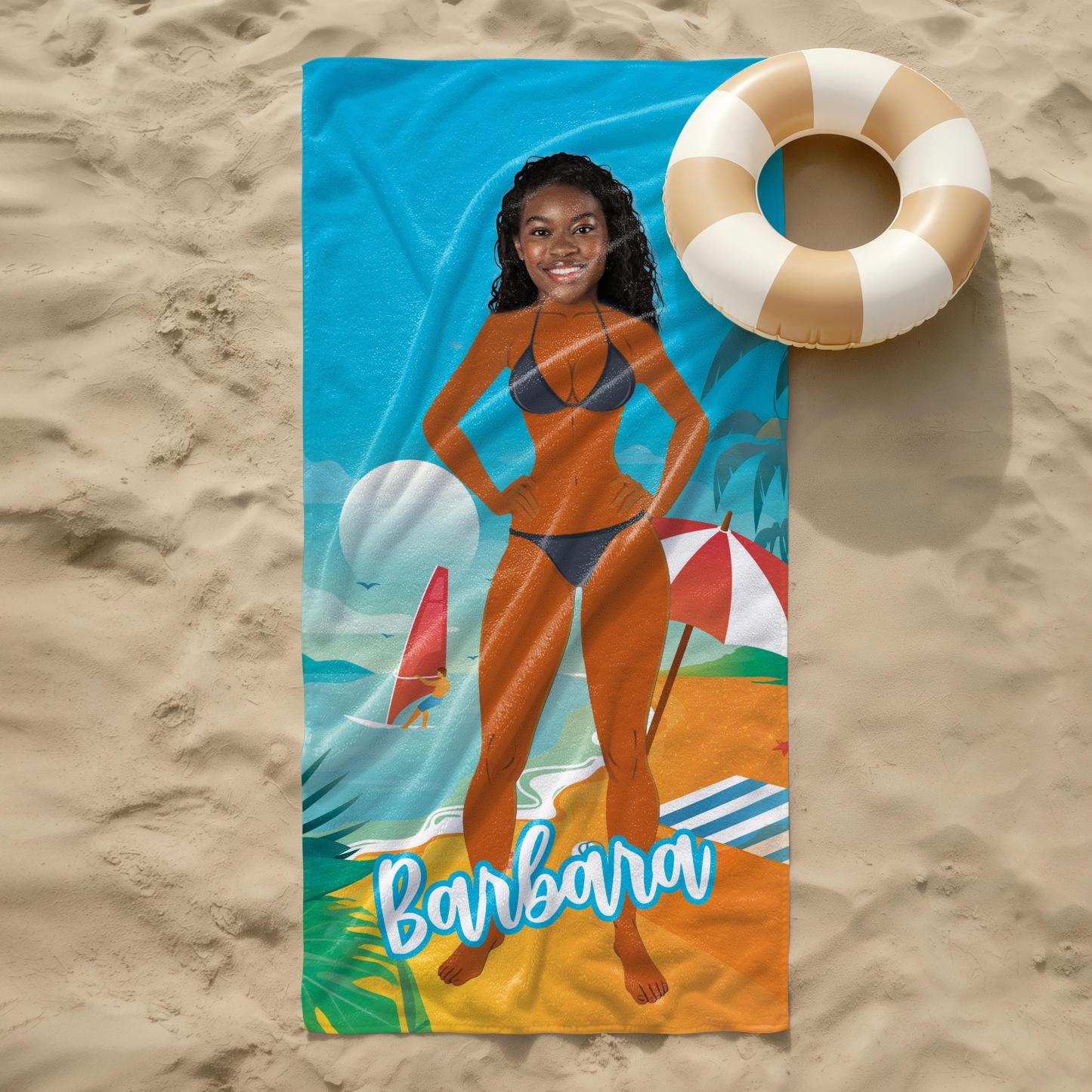 Personalized Beach Towel with Custom Face & Muscular Body Design – Summer Gift for Birthday, Bachelorette Party or Vacation