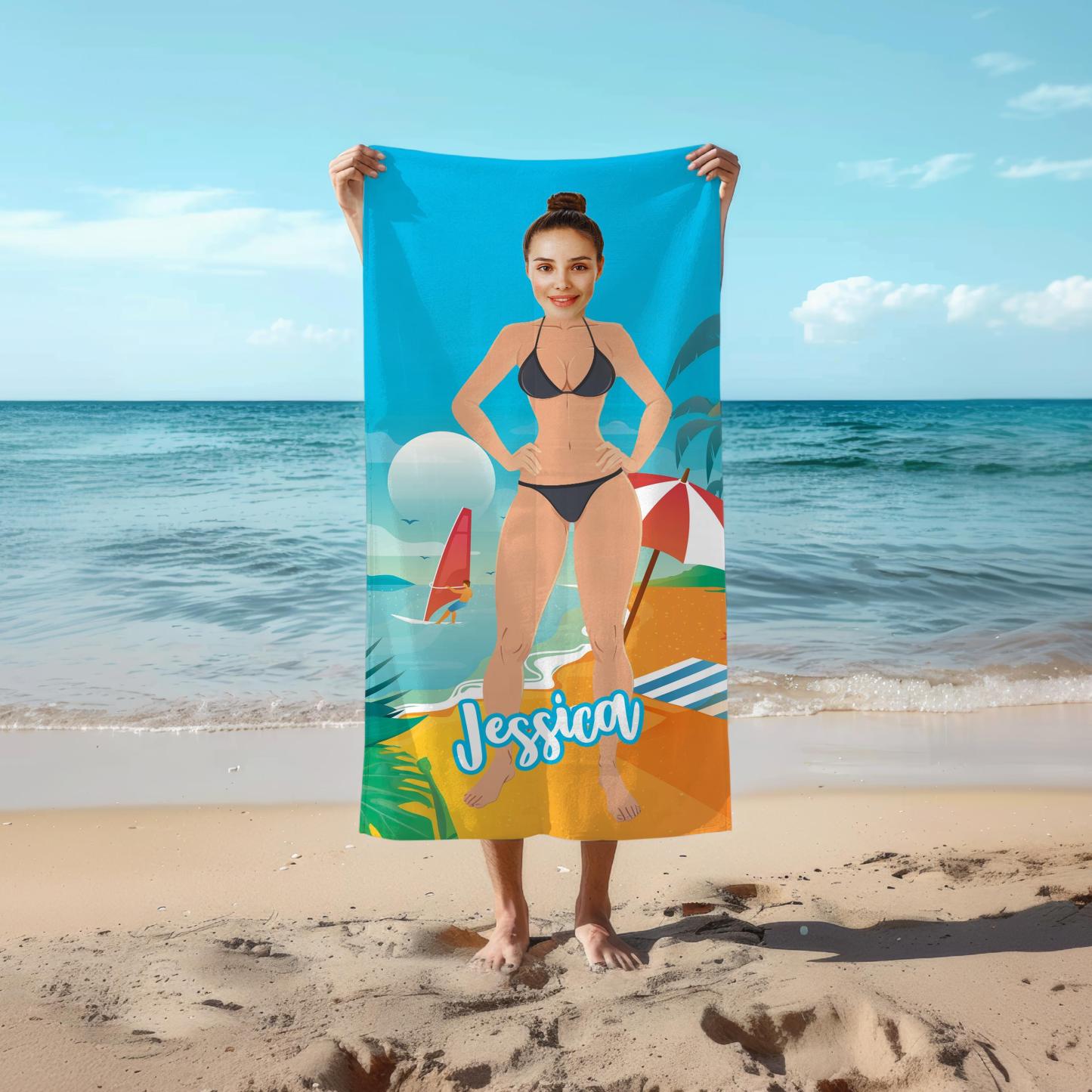 Personalized Beach Towel with Custom Face & Muscular Body Design – Summer Gift for Birthday, Bachelorette Party or Vacation