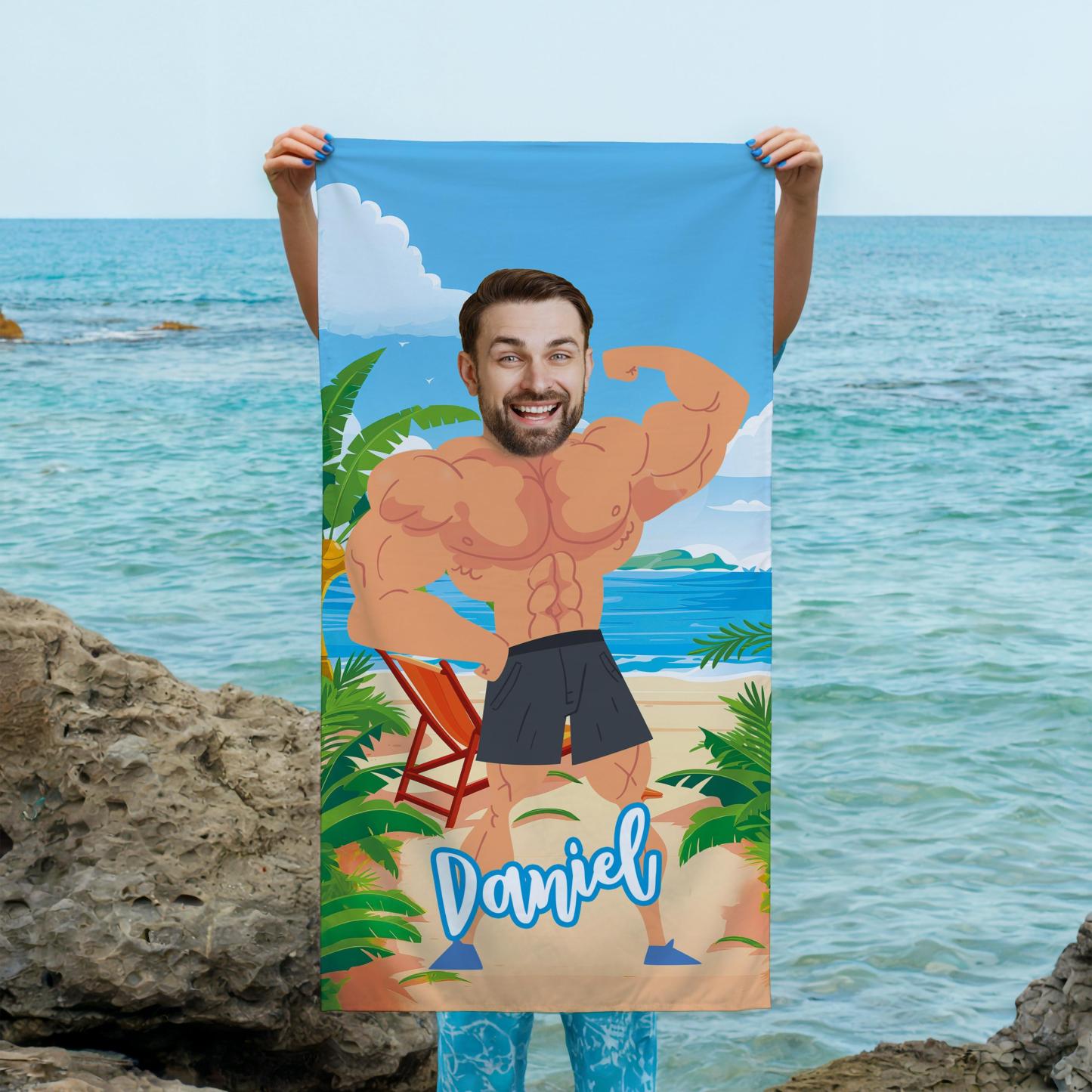 Personalized Beach Towel with Custom Face & Muscular Body Design – Summer Gift for Birthday, Bachelorette Party or Vacation
