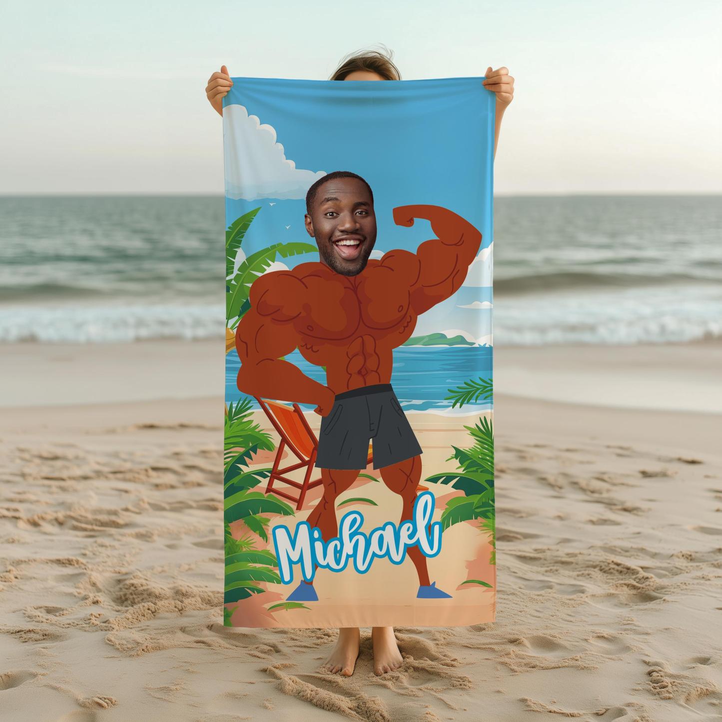 Personalized Beach Towel with Custom Face & Muscular Body Design – Summer Gift for Birthday, Bachelorette Party or Vacation