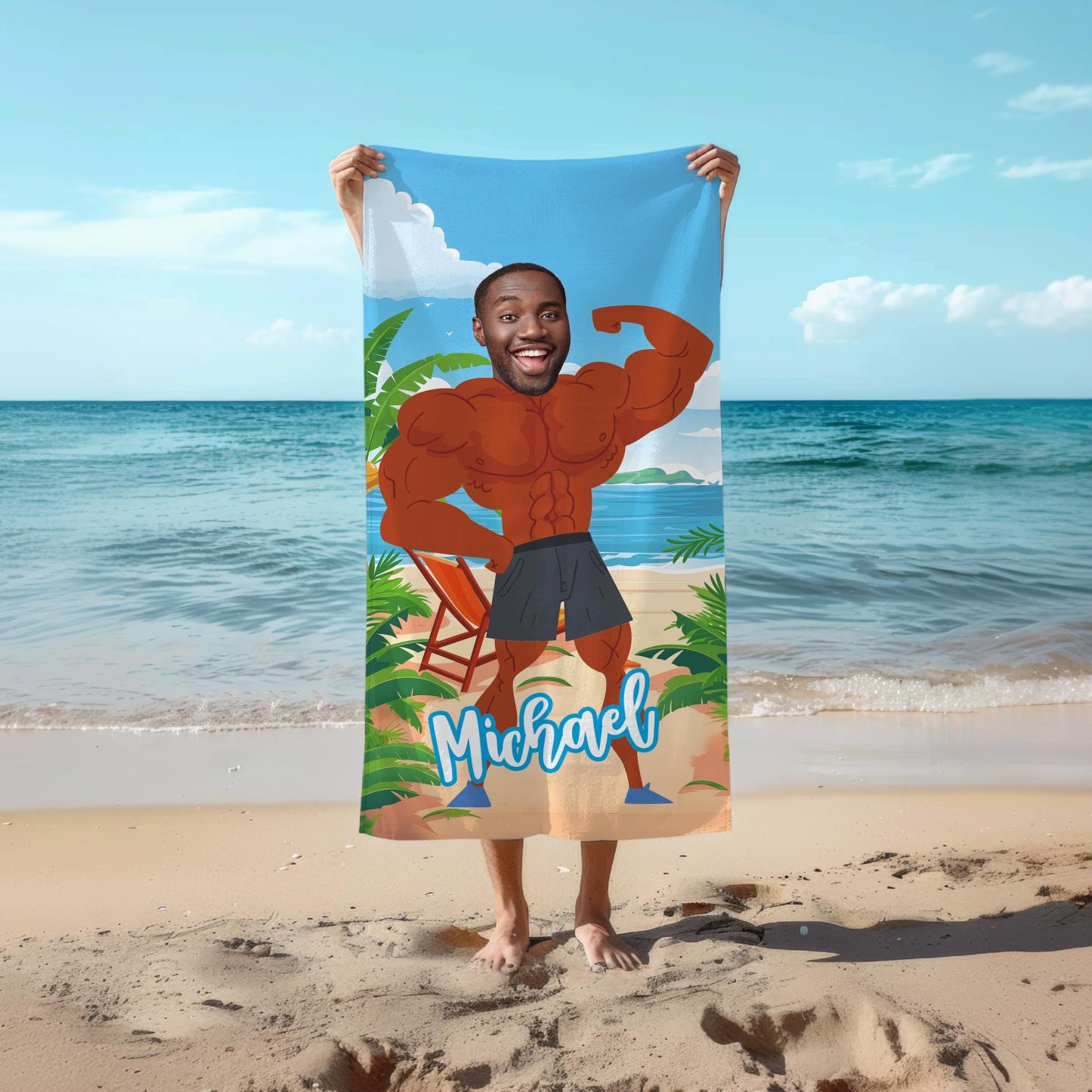 Personalized Beach Towel with Custom Face & Muscular Body Design – Summer Gift for Birthday, Bachelorette Party or Vacation