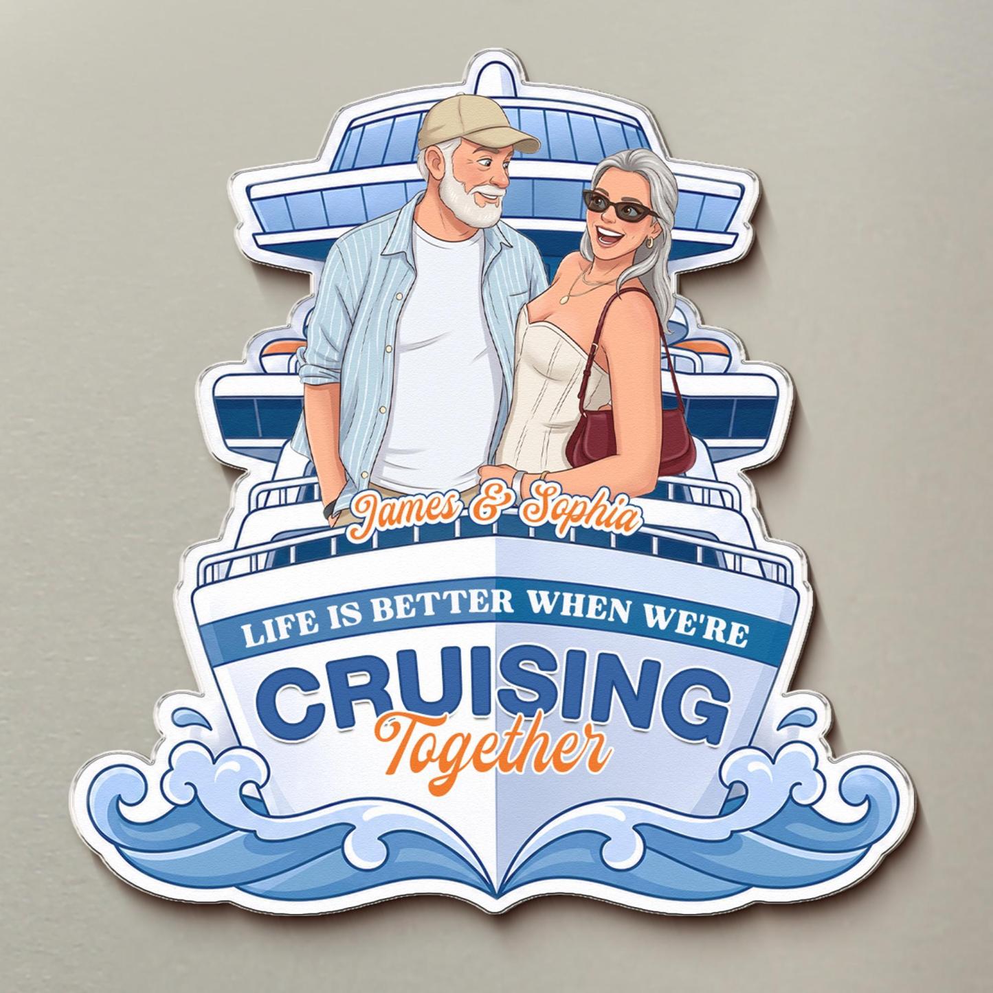 Personalized Cruise Partner Photo Magnet, Custom Magnetic Couple Cartoon Art Fridge Decor, Cruise Lover Door Magnet, Anniversary Keepsake