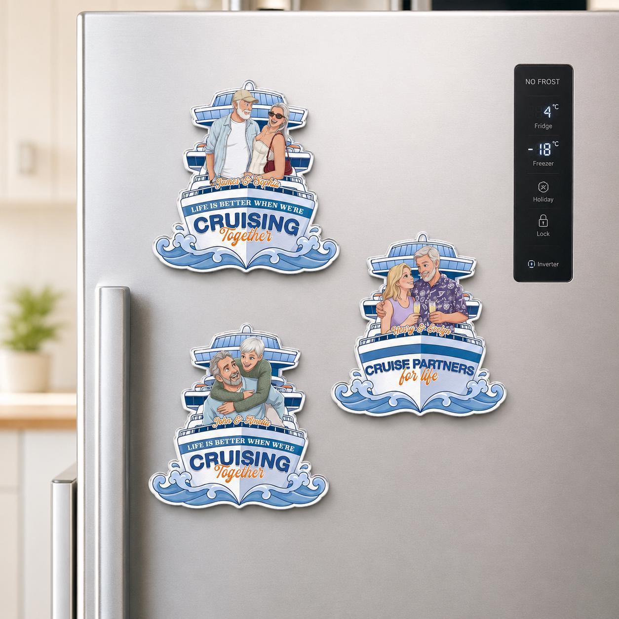 Personalized Cruise Partner Photo Magnet, Custom Magnetic Couple Cartoon Art Fridge Decor, Cruise Lover Door Magnet, Anniversary Keepsake