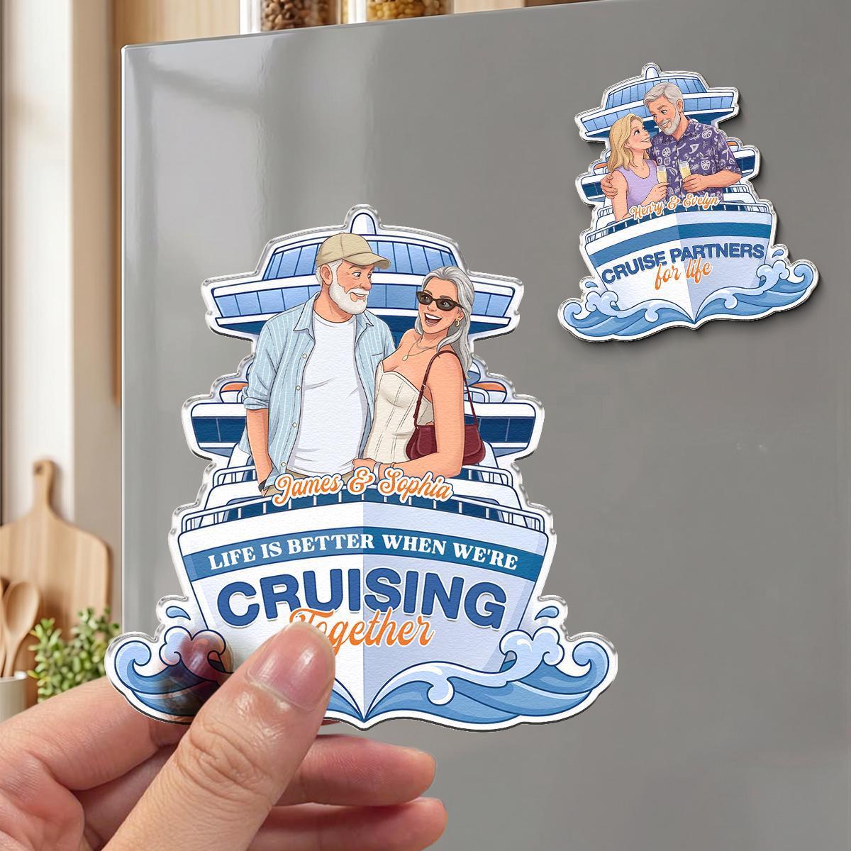 Personalized Cruise Partner Photo Magnet, Custom Magnetic Couple Cartoon Art Fridge Decor, Cruise Lover Door Magnet, Anniversary Keepsake